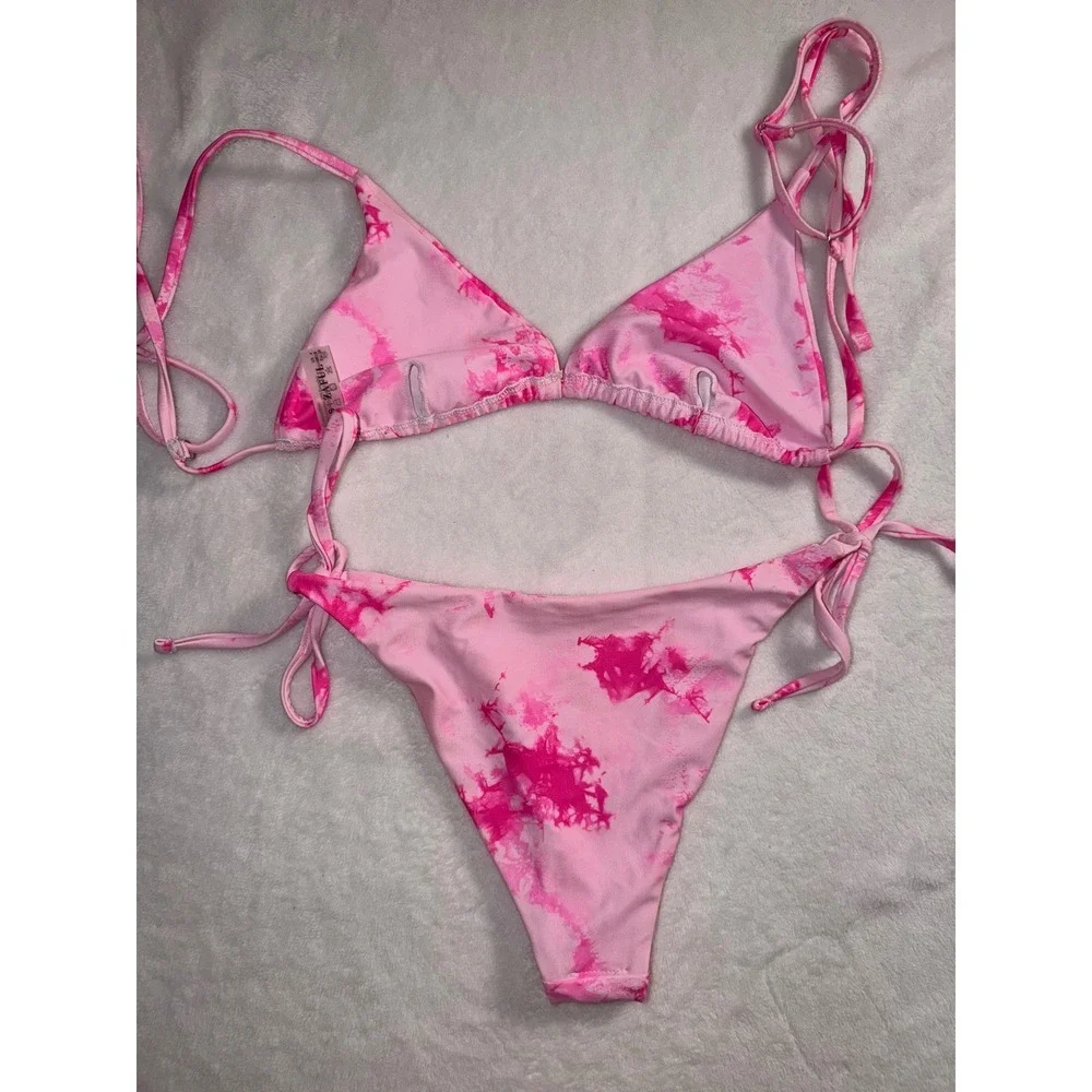 Zaful Pink Tie Dye Bikini Set Triangle Top Side Tie Bottoms‎ Womens Size S 4